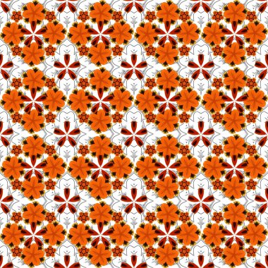 Renkli arkaplanda oryantal arabesk. Hassas ve soyut bir arkaplan dokuma işi. Vektör parlak dantel, stilize çiçekler, şal desenli. Kusursuz turuncu ve kırmızı kıvırcık desenli..