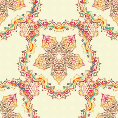 Damask pürüzsüz arkaplan deseni sarı, pembe ve bej renklerde. Vektör illüstrasyonu.