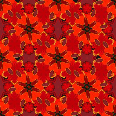 Geometrik tekrarlayan vektör süslemesi sarı, turuncu ve kırmızı elementlerle. Kusursuz soyut modern çok renkli desen.