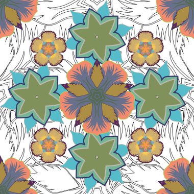 Vektör çizimi. Noel kartları, dekorasyon, menüler, ağ, afişler ve şarap ve tatillerle ilgili tasarımlar için iyidir. Sarı, mavi ve yeşil elementlerle kusursuz desen.