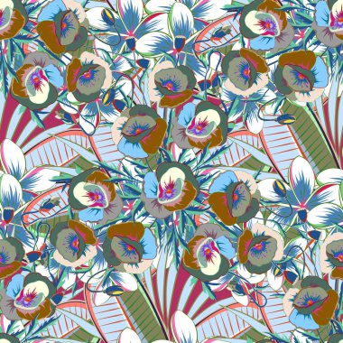 Çiçekli suluboya arkaplan. Yatak örtüsü, ceket, paket tasarımı, kumaş ve moda kavramları için vektör tekstil baskısı. Mavi ve yeşil çiçekli kusursuz desen.