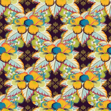 Vektör çizimi. Dekoratif amber çiçekleri ve sarı ve kahverengi yapraklı kusursuz arkaplan deseni.