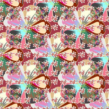 Güzel suluboya çiçekler, parlak resimler kozmos çiçeğinden esinlenilmiş. Kırmızı arkaplanda vektörsüz desen.