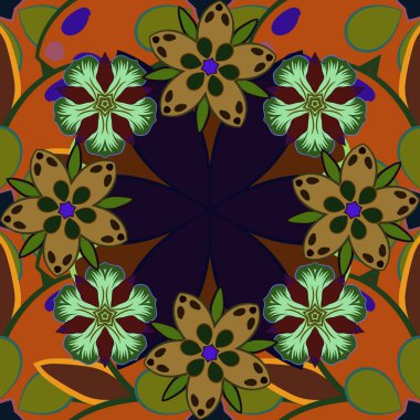 Yeşil, siyah ve kahverengi renklerde kusursuz el çizimi vektör deseni.