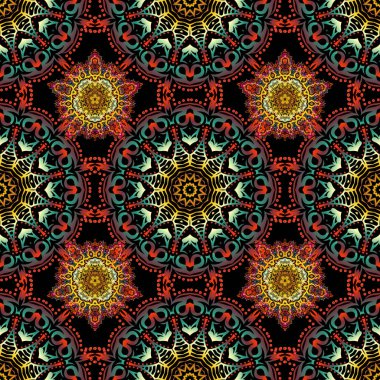 Damask, yeşil, kahverengi ve kırmızı renklerde çiçeksiz arkaplan deseni. Vektör illüstrasyonu.