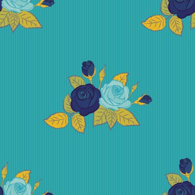 Soyut klasik güllerle kare kompozisyon. Biçimlendirilmiş sarı, yeşil ve mavi güllerle vektörsüz desen.