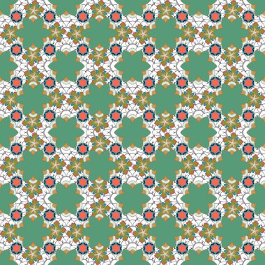 Oriental soyut vektör klasik kalıbı. Yeşil, sarı ve gri tekrarlayan elementlerle klasik, dikişsiz desen.