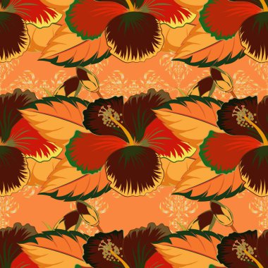 Hibiscus çiçekleri kahverengi, yeşil ve turuncu renklerde. El çizimi eskiz. Suluboya boya etkisi, Vektör çizimi. Kahverengi, yeşil ve turuncu amber çiçekleri, yaprak ile yaprak izole çiçek.