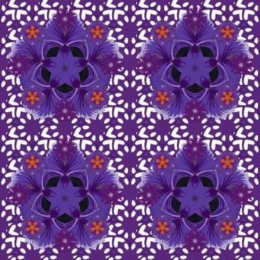 Vektör çizimi. Geleneksel Hint çiçek desenleri mor, beyaz ve mor renklerde..