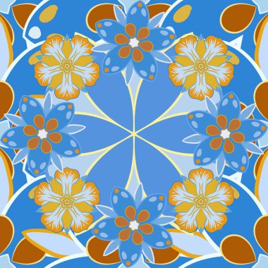 Sarı, turuncu ve mavi tekrarlayan elementlerle kusursuz soyut doku. Zarif vektör klasik kusursuz desen. Güzel iz..