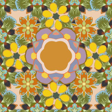 Yeşil, sarı ve turuncu parıltılı parıltılı süsler. Dekoratif malzeme veya tebrik kartları için kusursuz desen.