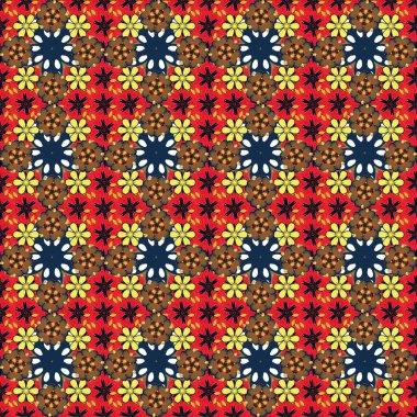 Küçük çaplı çiçeklerdeki basit, pürüzsüz vektör deseni. Sarı, kırmızı ve kahverengi renkli küçük çiçekler. Çiçeksiz arka plan imalat, duvar kağıtları ve yapıştırma kitabı.