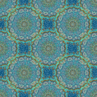 Kusursuz vektör arkaplanı. Kış Tatili Örgü Şablonu Mavi ve Yeşil Daireler, Noktalar ve Kar Taneleri.