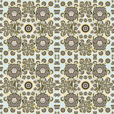 Bej, yeşil ve gri tekrarlayan elementlerle klasik, dikişsiz desen. Oriental soyut vektör klasik desen.
