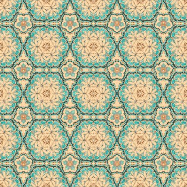 Yeşil, bej ve mavi soyut çiçek süsü, soyut dekoratif elementlerin vektörsüz deseni.