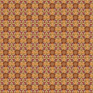 Beyaz, kırmızı ve kahverengi renklerde yapraklar ve tropik çiçeklerle kusursuz bir arkaplan deseni. Vektör illüstrasyonu.