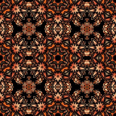 Turuncu, kırmızı ve kahverengi soyut çiçek süsü, soyut dekoratif elementlerin vektörsüz deseni.