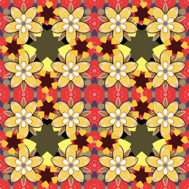 Tatil sembolü. Duvar kağıdı, Noel süsü, konfeti, tekstil, ambalaj için soyut vektör parlak tasarımı. Kahverengi, kırmızı ve sarı renklerde yıldızsız desen.