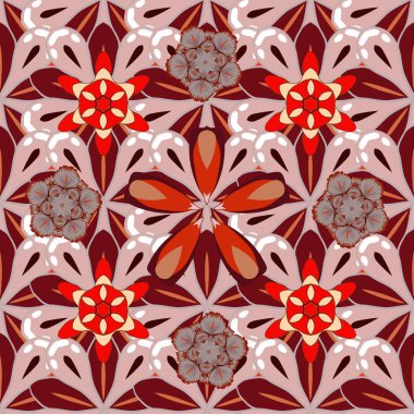 Enfes bir desen, çiçekli suluboya bir eskiz, klasik tarzda. Dekorasyon ve tasarım için güzel bir desen. Çiçeklerle suluboya kusursuz desen. Kırmızı, kahverengi ve gri renkli moda baskı.