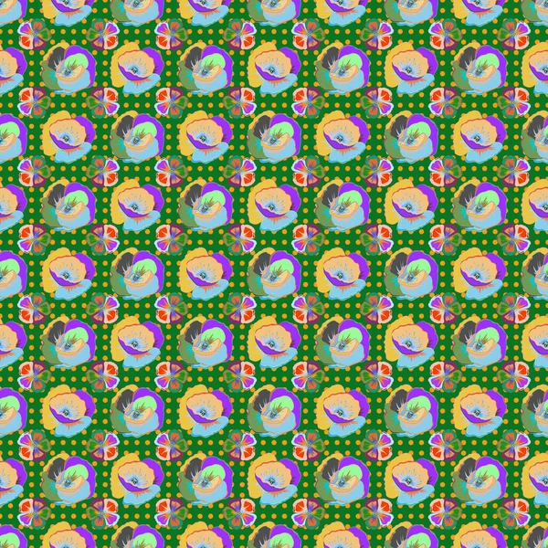 Akvarel Bezešvný Vzor Mákem Kosmu Květiny Zeleném Polka Tečka Pozadí — Stockový vektor