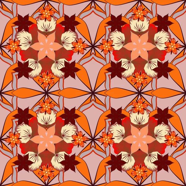 Бесшовный Узор Стилизованных Маленьких Цветов Красном Оранжевом Бежевом Цветах Векторная — стоковый вектор