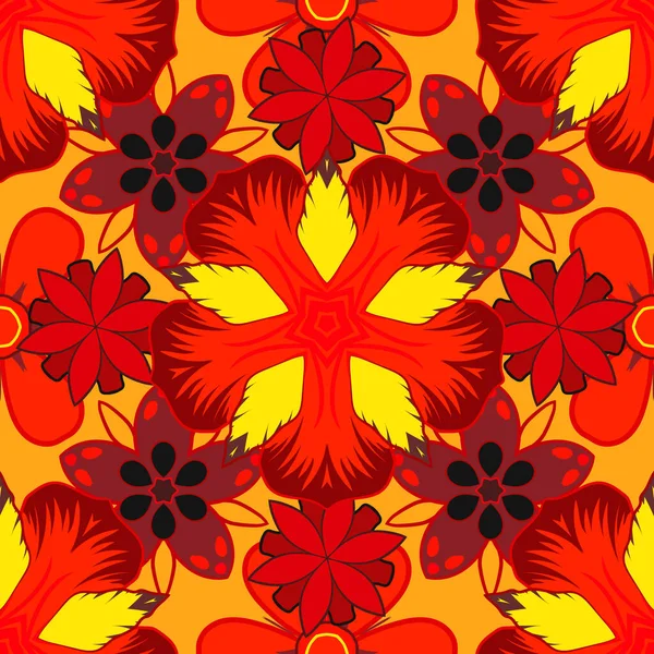 Векторный Бесшовный Орнамент Желтого Красного Оранжевого Цветов Несчастье Дамаска Бесшовная — стоковый вектор