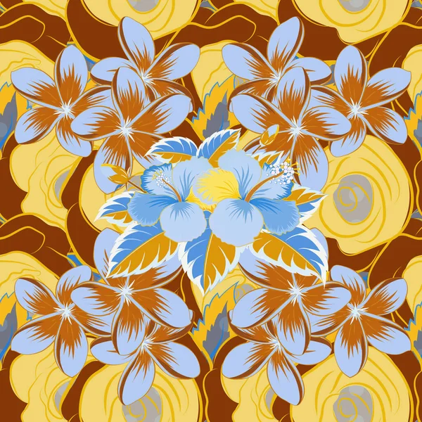 Эффект Акварельной Живописи Желтого Оранжевого Синего Цветов Гибискуса Бесшовного Векторного — стоковый вектор