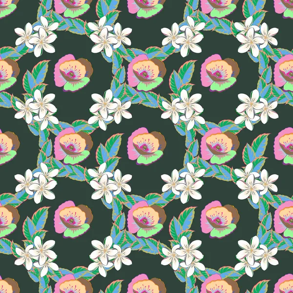 花と絶妙なパターン 水彩効果 ヴィンテージスタイルでトレンディーなプリント 装飾やデザインのための美しいベクトルパターン ピンクと緑の色の花と水彩シームレスパターン — ストックベクタ