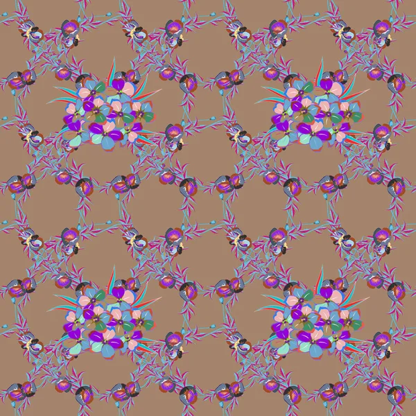 无缝图案抽象花卉背景 许多蓝色 紫色和粉红色的抽象花朵的矢量草图 手绘无缝花卉插图 — 图库矢量图片