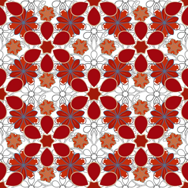 アール デコ様式 ポルカ ドット コンフェッティ 光沢のあるバイオレット 青と赤の背景 ベクトルイラスト 抽象的な幾何学的現代的な要素とシームレスなパターン — ストックベクタ