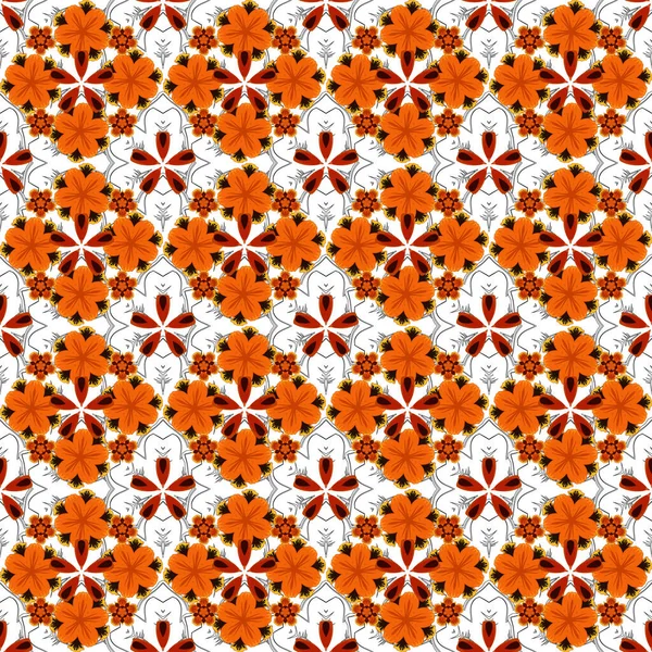色を背景にしたオリエンタルスタイルのアラベスク 繊細な抽象的な背景を織るオープンワーク ベクトル鮮やかなレース 様式化された花 ペイズリー オレンジと赤の質感のカールのシームレスなパターン — ストックベクタ
