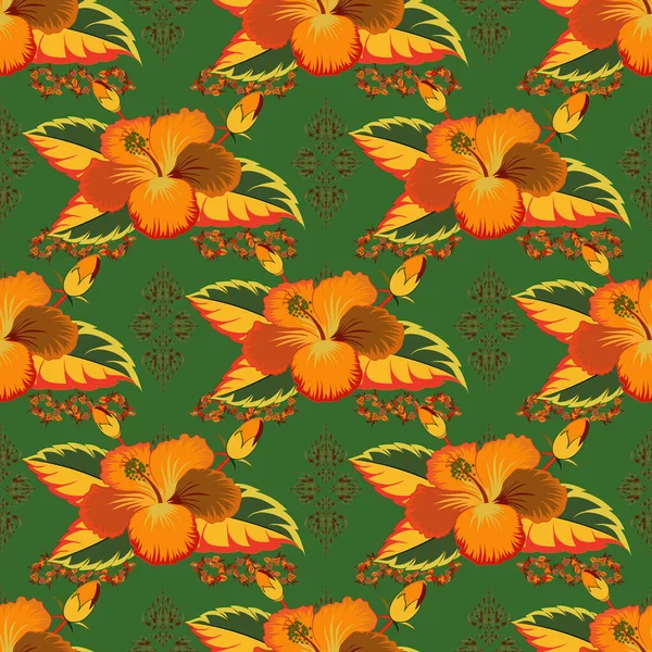 オレンジ 緑の色でヴィンテージ抽象的な花のシームレスなパターン 曲線的なエレガントな様式のハイビスカスの花 葉や抽象的な花の装飾を形成するスクロールを交差 — ストックベクタ