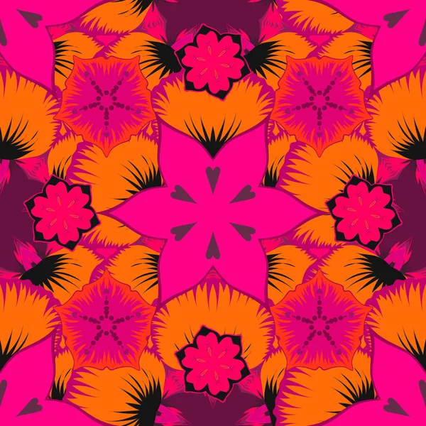Квіти Безшовний Візерунок Кольорах Пурпурового Червоного Оранжевого Милий Векторний Квітковий — стоковий вектор