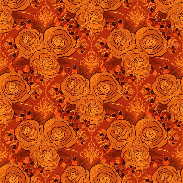 Vintage Nahtlose Muster Braunen Roten Und Orangefarbenen Farben Handgeschriebene Rosenblüten — Stockvektor