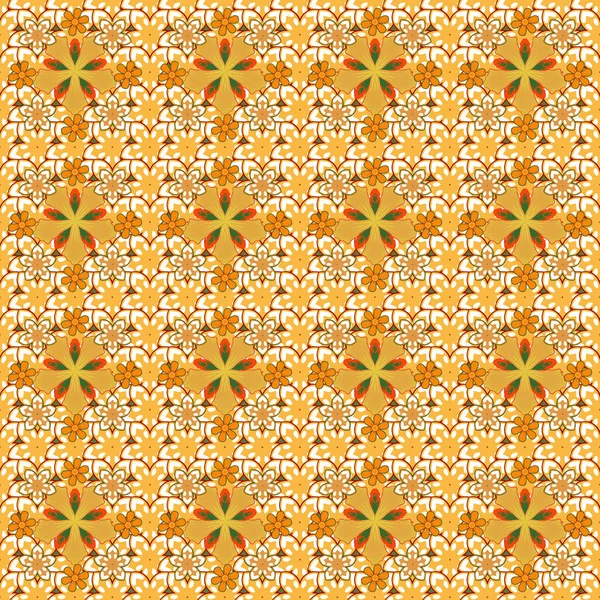 花の背景 水彩効果 ベッドリネン ジャケット パッケージデザイン 生地やファッションコンセプトのためのテキスタイルプリント オレンジの色で花や葉とラスターシームレスパターン — ストックベクタ