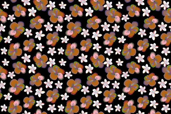 Seamless Tropical Flowers Hibiscus Plumeria Pattern Black Background — Stock Photo, Image