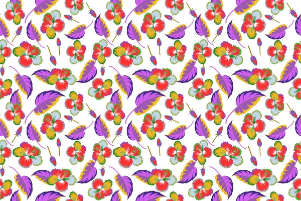 赤と紫の色の白い背景にハイビスカスとシームレスな熱帯のデザイン 夏のファッション インテリア 壁紙のためのパターン 背の高い構図でエキゾチックな花 — ストック写真