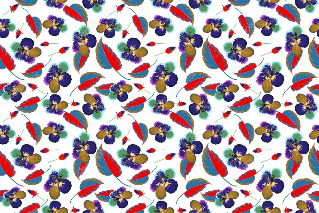 Hand painted. Seamless pattern of tropical hibiscus flowers, dense jungle. Pattern in violet and blue colors with tropic summertime motif may be used as texture, wrapping paper, textile design.
