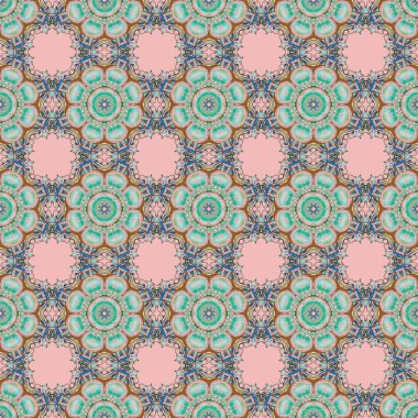 Mavi, yeşil ve pembe süslemelerden oluşan kusursuz bir desen. Doğulu, çiçekli bir süs. Halılar, tekstil, duvar kağıtları ve herhangi bir yüzey için şablonlar.