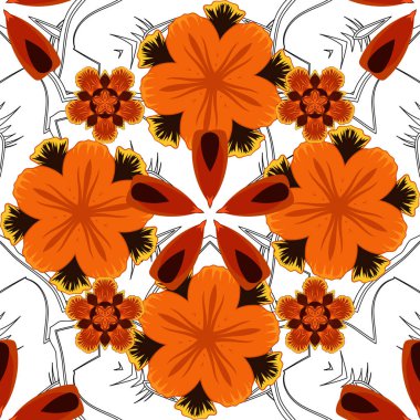 Kumaş baskısı, hatıra defteri, hediye paketi için. Mavi, kırmızı ve turuncu renklerde vektörsüz vintage desen.