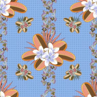 Şirin vektör çiçekli arka plan. Plumeria çiçekleri mavi, turuncu ve kahverengi desenli.
