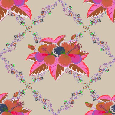 Çiçek arkaplan. Mavi, pembe ve turuncu renklerde kusursuz vektör deseni.