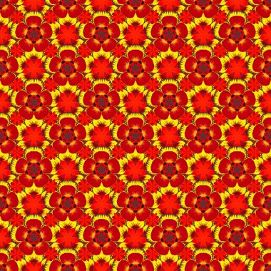 Klasik kırmızı, sarı ve turuncu dikişsiz desen, soyut brokar kumaş deseni, kumaş, baskı veya ambalaj kağıdı için karışık stilize elementler..