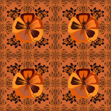 Kozmos çiçekleri ile optik illüzyon. Kahverengi, kırmızı ve turuncu renklerde çiçeklerin kusursuz dokusu. Vektör illüstrasyonu iç tasarım, baskı, ağ ve tekstil tasarımı için iyidir.