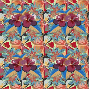 Vektör çizimi. Hawaii Aloha gömleğinin pürüzsüz desenli gri, bej ve mavi renklerde kusursuz tasarımı..