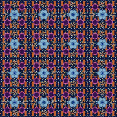 Turuncu, mor ve mavi renklerde klasik, dikişsiz desen. El yazısı vektör çiçekleri, pullar, anahtarlar.
