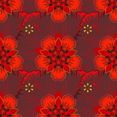 Kırmızı, siyah ve sarı simli kar taneleri. Kış kar tasarımı duvar kağıdı. Sembol bayramı, yeni yıl 2020 kutlaması. Noel aromalı kar taneleri pürüzsüz desenlidir. Vektör illüstrasyonu.