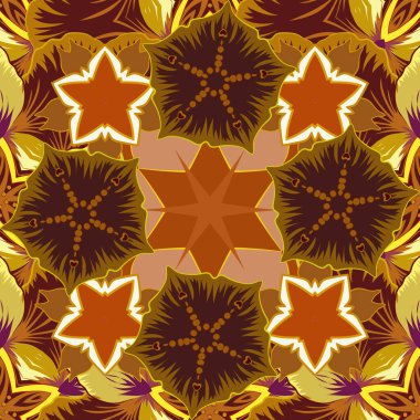 Bahar mahsulü çiçekli arka plan. Kahverengi, yeşil ve sarı renkli şirin çiçeklerle kusursuz desen. Güzel raster dokusu.