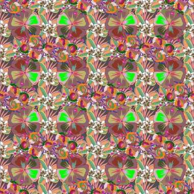 Vektör çizimi. Gri bir arka planda çiçekli, dikişsiz desen.