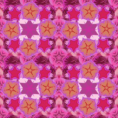 Tatil için mükemmel. Stilize süs. Parlak desenli turuncu, morumsu ve pembe elementli kusursuz desen..